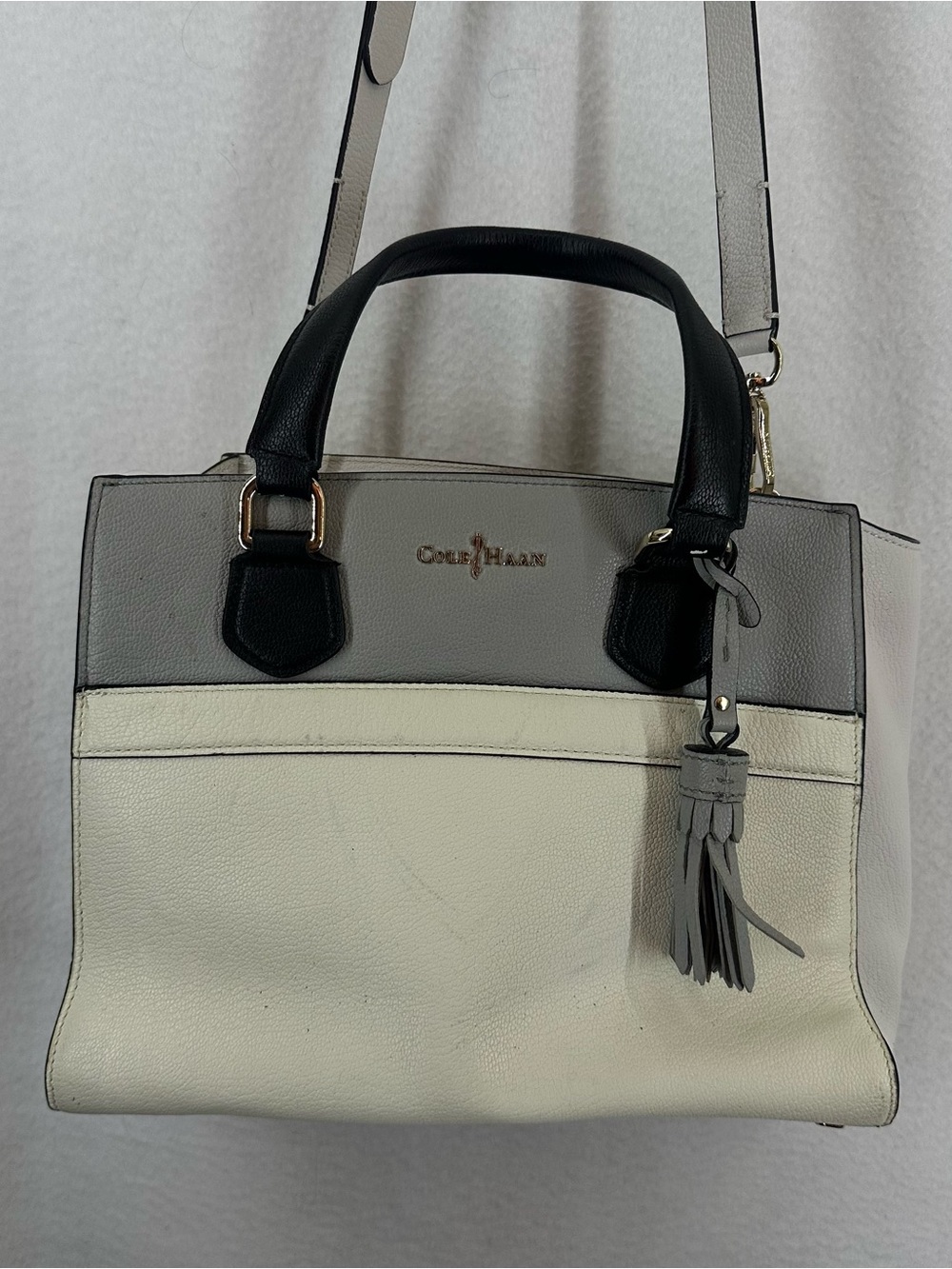 Cole Haan Leather Satchel Crossbody Bag Tassel Women’s Gray Ivory Colorblock